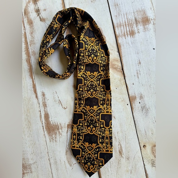 ERVE JACQUES men’s vintage baroque floral ornate silk tie black yellow gold EUC - Picture 4 of 8